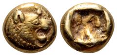 Kingdom of Lydia, time of Alyattes EL 1/12 Stater. Sardes, circa 610-560 BC. Head of lion right, solar disk above forehead / Double-square incuse punch. Weidauer 90; SNG Kayhan 1015. 1.16g, 7mm. Good 