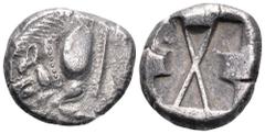 Dynasts of Lycia, Uncertain Dynast AR Stater. Circa 520-470/60 BC. 'Pre-dynastic' period. Forepart of boar left / Incuse square divided by large X, indentations on three sides. Vismara II, 14; BMFA 20