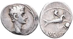 Augustus AR Denarius. Uncertain mint (Emerita?), 16 BC. Bare head right / AVGVSTVS, capricorn right, bearing cornucopiae on its back and holding globe and rudder. RIC 547a; BMC 346; BN 1271ff; RSC 21.