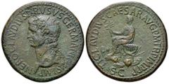 Nero Claudius Drusus Æ Sestertius. Struck under Claudius, Rome, AD 42-43. NERO CLAVDIVS DRVSVS GERMANICVS IMP, bare head left / TI CLAVDIVS CAESAR AVG P M TR P IMP P P P, Claudius seated left on curul