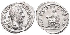 Macrinus AR Denarius. Rome, AD 217-218. IMP C M OPEL SEV MACRINVS AVG, laureate, draped and cuirassed bust right / P M TR P II COS P P, Macrinus seated left on curule chair, holding globe and short sc