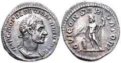 Macrinus AR Denarius. Rome, AD 217. IMP C M OPEL SEV MACRINVS AVG, laureate and cuirassed bust right / IOVI CONSERVATORI, Jupiter standing left, holding thunderbolt and sceptre; diminutive figure of M