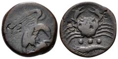 Sicily, Akragas AE Tetras. 420-406 BC. AKR-A, eagle standing right, tearing at hare / crab, three dots and crayfish below. Calciati I p. 180, 54; SNG ANS 1041; SNG Copenhagen 75. 6.80g, 21mm, 5h. Good
