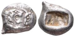 Kingdom of Lydia. Kroisos AR Siglos. Sardes, 550-546 BC. Confronted foreparts of lion right and bull left / Two square punches. ATEC 1914-1925; Berk 23; SNG Kayhan 1024; SNG Copenhagen 456. 5.30g, 15m