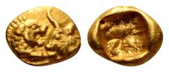Kingdom of Lydia. Kroisos AV Twelfth Stater. Sardes, circa 560-547 BC. Light standard. Confronted foreparts of lion, with extended right foreleg, and bull / Incuse square punch. Walberg Group VI, 4 (s