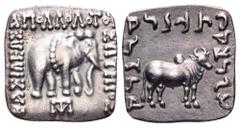 Greco-Baktrian Kingdom, Apollodotos I Soter AR Drachm. Circa 174-165 BC. Indian standard. Elephant advancing right; monogram below / Zebu bull standing right; monogram on hump of bull. Bopearachchi Sé