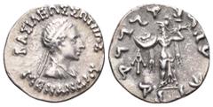 Indo-Greek Kingdom, Menander I Soter AR Drachm. Circa 165/155-130 BC. BAΣIΛEΩΣ ΣΩTHPOΣ MENANΔPOY, diademed and draped bust right / Athena Alkidemos advancing left, shield decorated with aegis over arm