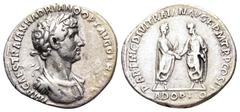 Hadrian AR Denarius. Rome, AD 117. IMP CAESAR TRAIAN HADRIANO OPT AVG GER DAC, laureate, draped and cuirassed bust right / PARTHIC DIVI TRAIAN AVG F P M TR P COS P P, Trajan and Hadrian clasping hands