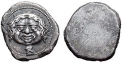 Etruria, Populonia AR Didrachm of 10 Units (or Litrai?). Late 5th century BC. Head of Metus facing, hair bound with diadem, X below, dotted border / Blank. EC I, 8.10 (this coin); HN Italy 117; Sambon