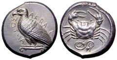 Sicily, Akragas AR Tetradrachm. Circa 460-446 BC. Sea eagle standing left on Ionic capital, AKRACANTOΣ around / Crab; spiralled tendril ornament with floral terminals below; all within shallow incuse 