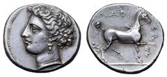Thessaly, Larissa AR Drachm. Circa 400-350 BC. Head of the nymph Larissa left, wearing pearl necklace and triple-drop earring, her hair raised and bound / Bridled horse trotting right, tail curling up