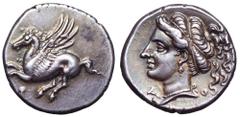 Corinthia, Corinth AR Drachm. Circa 308-307 BC. Pegasos flying left, Q below / Head of Aphrodite left, wearing earring and necklace, hair tied with ribbon and bound at top, falling loose behind; Δ-O a