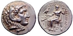 Kingdom of Macedon, Alexander III 'the Great' AR Tetradrachm. Tarsos, circa 333-327 BC. Struck under Balakros, governor of Cilicia. Head of Herakles to right, wearing lion skin headdress, B below / Ze