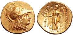 Kingdom of Macedon, Alexander III 'the Great' AV Stater. Susa, circa 325-320 BC. Head of Athena right, wearing pendant earring, necklace and crested Corinthian helmet decorated with eagle / Nike stand