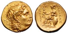 Kings of Thrace, Lysimachos AV Stater. Uncertain mint, circa 305-281 BC. Head of the deified Alexander the Great right, wearing diadem and horn of Ammon / Athena Nikephoros enthroned left, shield rest