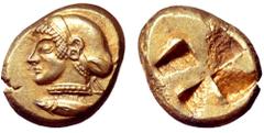 Mysia, Kyzikos EL Hekte. Circa 500-450 BC. Female head left, wearing circular earring and necklace, hair bound in kekryphalos or sphendone, tunny fish left below / Quadripartite incuse square. Von Fri