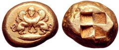Mysia, Kyzikos EL Stater. Circa 500-450 BC. Double-bodied winged sphinx standing with head facing atop tunny fish to right, wearing ouraios, hair falling in plaited locks behind / Quadripartite incuse