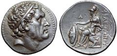 Kingdom of Pergamon, Philetairos AR Tetradrachm. Circa 270-265 BC. Diademed head of the deified Seleukos I to right / Athena, helmeted and wearing long robes, seated to left on low throne with lion's 