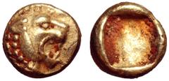 Kingdom of Lydia, Alyattes EL Hemihekte - 1/12 Stater. Sardes, circa 610-560 BC. Head of lion right, with sun disk on forehead / Plain incuse square. Weidauer Group XV, 79-85 (hemihekten); BMC Lydia 1