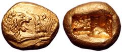 Kingdom of Lydia, Kroisos AV Stater. Sardes, circa 564/53-550/39 BC. Light standard. mint. Confronted foreparts of lion and bull / Two incuse squares. Berk 3; Traité I 401–3; SNG von Aulock 2875; SNG 