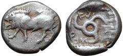 Dynasts of Lycia, Ekuvemi AR Tetrobol. Circa 480-460 BC. Boar walking left / EKU-VE-[MI] (Lycian), triskeles within incuse square. Traité II, 157 pl. 92, 18; Cf. BMC 45 (Stater). 2.93g, 13mm. Very Fin