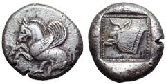 Dynasts of Lycia, Esbehi (?) AR Stater. Circa 480-460 BC. Uncertain mint in eastern Lycia. Pegasos flying left / Head of bull left within incuse square. Peus 407, 2012, 696 (same dies); Müseler/Nollé 