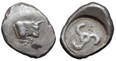 Dynasts of Lycia, Kuprilli AR Tetrobol. Circa 470-440 BC. Forepart of bull right, ending in beaded truncation / Triskeles, K in field within round incuse. Unpublished in the standard references, for p