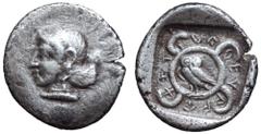 Dynasts of Lycia, Kheriga of Antiphellos AR Tetrobol. Circa 440-430 BC. Female head left, wearing hairband, wearing necklace / KHE-RIG-A-VE-HNT (Lycian), tetraskeles within which, owl standing left, a