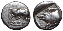 Dynasts of Lycia, Dynast Oka...(?) AR Tetrobol. Circa 460-450 BC. Cow standing right, scratching head with hoof, VKA below / Forepart of boar left. Traité II, 236, pl. 95. 2.87g, 13mm, 2h. Extremely F