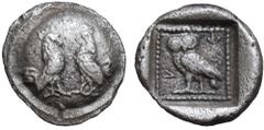Dynasts of Lycia, Kherei AR Trihemiobol. Circa 430-410 BC. Two confronted cockerels on circular shield / KHER retrograde (Lycian), owl standing left within incuse square. Vismara II, 175 = Winseman-Fa