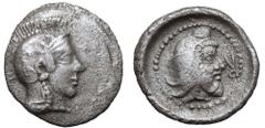 Dynasts of Lycia, Kherei (?) AR Obol. Circa 430-410 BC. Helmeted head of Athena right / Head of Kherei right, wearing kyrbasia, symbol in right field, all within incuse circle. CNG e-sale 338, 2014, 1
