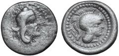Dynasts of Lycia, Ddenevele (?) AR Triobol. Circa 410-400. Head of satrap right, wearing kyrbasia / DDENE (Lycian), helmeted head of Athena right, diskeles behind, within round incuse. SNG von Aulock 