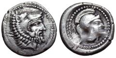 Dynasts of Lycia, Ddenevele (?) AR Stater. Circa 410-400. Bearded head of Herakles right, wearing lion’s skin headdress / helmeted head of Athena right, diskeles behind, all within round incuse. Unpub