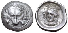 Dynasts of Lycia, Zagaba AR 1/3 Stater. Circa 400-380 BC. Lion's scalp facing / Head of Athena, facing three-quarter to left, wearing elaborate necklace and crested and plumed helmet; Lycian script ar