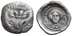 Lycia, Tlos AR Diobol. Circa 390-380 BC. Facing lion’s scalp / TLR-FI (Lycian), facing male bust with frizzy hair and chlamys fastened at throat, all within round incuse. Traité 446 pl. 102, 18; BMC 1