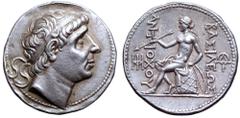 Seleukid Kings of Syria, Antiochos I Soter AR Tetradrachm. Seleukeia, circa 281-261 BC. Diademed head right / BAΣIΛEΩΣ ANTIOXOY, Apollo seated to left on omphalos, holding arrow and resting left hand 