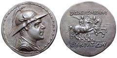 Greco-Baktrian Kingdom, Eukratides I 'the Great' AR Tetradrachm. Circa 171-145 BC. Diademed and draped bust right, wearing helmet adorned with bull's horn and ear / ΒAΣΙΛEΩΣ MEΓAΛOY EYKPATIΔOY, the Di