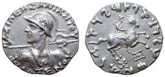 Indo-Greek Kingdom, Philoxenos AR Tetradrachm. Circa 125-110 BC. BAΣIΛEΩΣ ANIKHTOY ΦΙΛOΞENOY, diademed heroic bust left, seen from behind, wearing crested helmet helmet covered with pelt of scales and