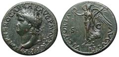 Nero Æ Dupondius. Lugdunum, AD 66. IMP NERO CAESAR AVG P MAX TR P P P, laureate head left / VICTORIΛ ΛVGVSTI, Victory advancing left, holding wreath and palm; S-C across fields. RIC 523. Cohen 344. 13