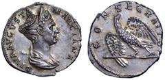 Diva Marciana AR Denarius. Rome, AD 113-114. DIVA AVGVSTA MARCIANA, diademed and draped bust of Marciana right, wearing pearl necklace, with hair elaborately arranged and bound into tight bun high at 