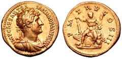 Hadrian AV Aureus. Rome, AD 119-122. IMP CAESAR TRAIAN HADRIANVS AVG, laureate, draped and cuirassed bust right / P M TR P COS III, Hercules seated facing, on shield and cuirass, holding club and dist