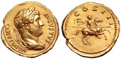 Hadrian AV Aureus. Rome, AD 125-128. HADRIANVS AVGVSTVS, laureate, draped and cuirassed bust right / COS III, Hadrian on horseback galloping to right, holding couched lance, cloak billowing out behind
