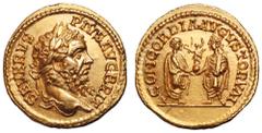 Septimius Severus, with Caracalla and Geta, AV Aureus. Rome, AD 210-211. SEVERVS PIVS AVG BRIT, laureate head right / CONCORDIA AVGVSTORVM, Caracalla and Geta, both laureate and togate, standing facin