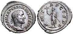 Gordian I AR Denarius. Rome, AD 238. IMP M ANT GORDIANVS AFR AVG, laureate, draped and cuirassed bust right / P M TR P COS P P, emperor standing left, holding olive branch and sceptre. RIC 1; BMC 1. 2