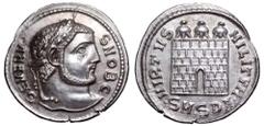 Severus II, as Caesar, AR Argenteus. Serdica, AD 305-306. SEVERVS NOB C, laureate head right / VIRTVS MILITVM, three-turreted camp gate with no doors, •SM•SDA• in exergue. RIC -; cf. NAC 62, 6 October