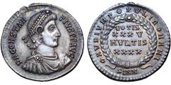 Constantius II AR Heavy Miliarense. Sirmium, AD 359-61. D N CONSTANTIVS P F AVG, pearl-diademed, draped and cuirassed bust right / GAVDIVM POPVLI ROMANI around wreath, within which VOTIS XXXV MVLTIS X