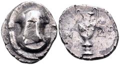 Boeotia, Thebes AR Drachm. Circa 380-2 BC. Mint official Androkleidas. Boeotian shield / Amphora, AN monogram in left field, ΔP in right field. Unpublished for this denomination in the standard refere