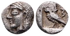 Asia Minor, Uncertain AR Tetartemorion. Circa 5th century BC. Head of Apollo left / Owl standing left, head facing. Apparently unpublished. Cf. Classical Numismatic Group, Auction 94 (18 September 201