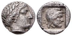 Mysia, Pergamon AR Diobol. Mid 5th century BC. Laureate head of Apollo right / Bearded head right, wearing Persian tiara, within incuse square. Von Fritze, Pergamon pl. I, 1; Mørkholm, Pergamene 1; SN