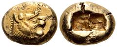 Kingdom of Lydia, Alyattes EL Trite. Sardes, circa 610-546 BC. Head of roaring lion to right, sunburst with multiple rays on forehead / Two incuse square punches of unequal size. Traité II/1, 44, pl. 